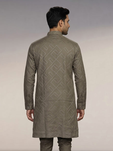 Sage green cotton chinese collar kurta for mens