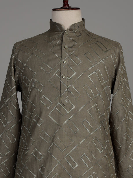 Sage green cotton chinese collar kurta for mens