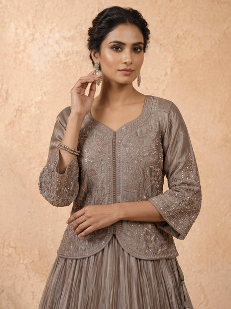 Pastel grey tissue silk lehenga choli with stone and zardosi work