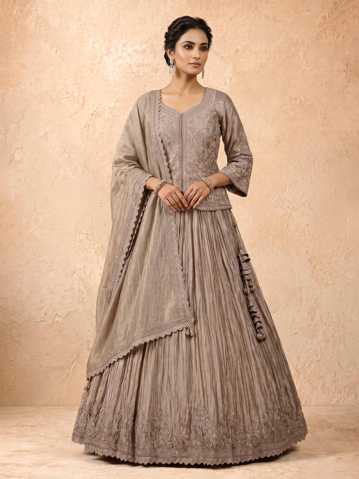 Pastel grey tissue silk lehenga choli with stone and zardosi work