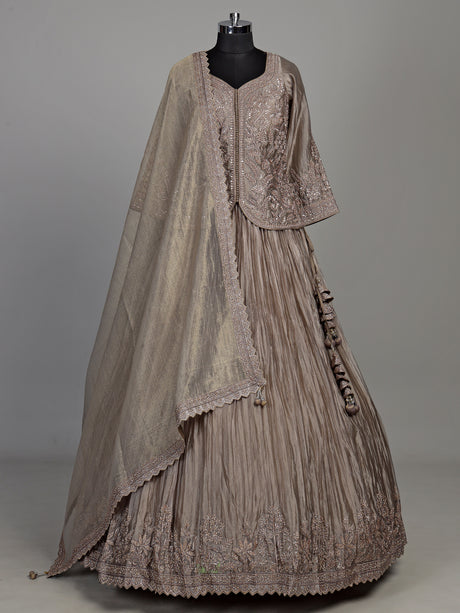 Pastel grey tissue silk lehenga choli with stone and zardosi work