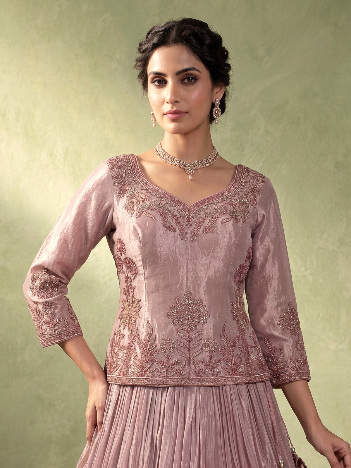 Dusty mauve pink tissue silk lehenga choli