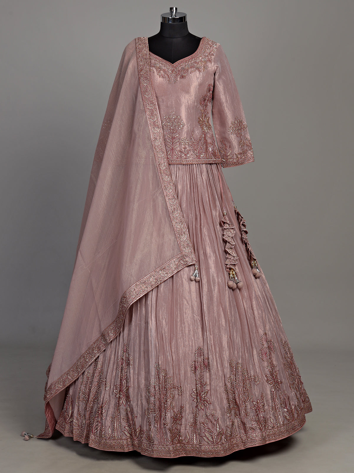 Dusty mauve pink tissue silk lehenga choli
