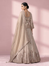 Pastel beige tissue silk lehenga choli with intricate zardosi detailing