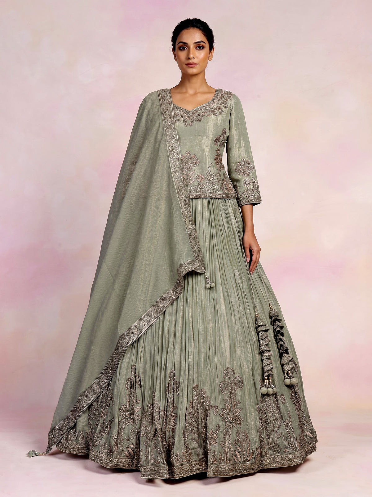 Sage green tissue silk lehenga choli with rajasthani style choli