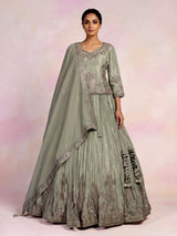 Sage green tissue silk lehenga choli with rajasthani style choli