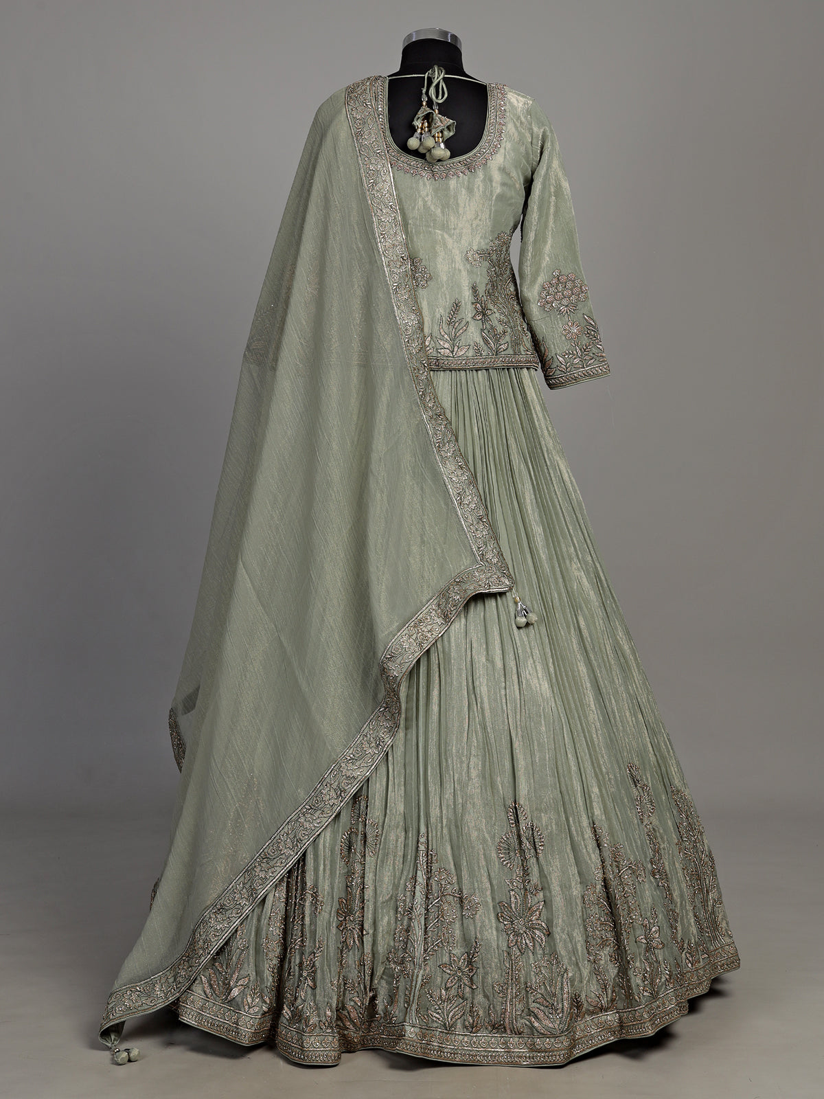 Sage green tissue silk lehenga choli with rajasthani style choli