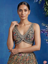 Mehendi green silk floral printed lehenga choli