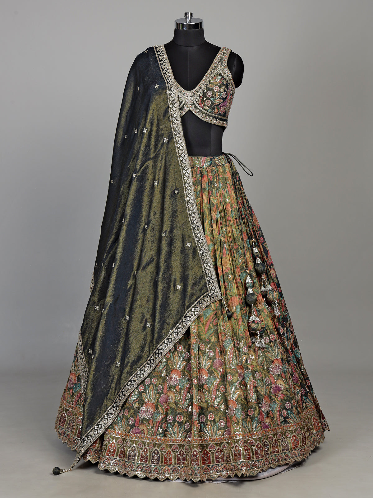 Mehendi green silk floral printed lehenga choli