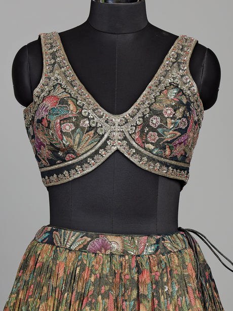 Mehendi green silk floral printed lehenga choli