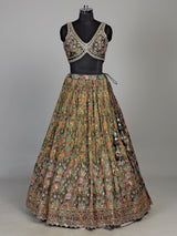 Mehendi green silk floral printed lehenga choli