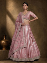 Pink banarasi silk lehenga choli with luxurious zari and pearl embellishments