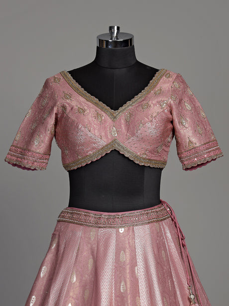 Pink banarasi silk lehenga choli with luxurious zari and pearl embellishments