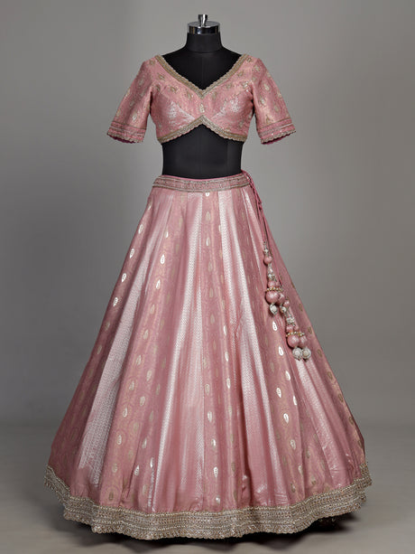 Pink banarasi silk lehenga choli with luxurious zari and pearl embellishments
