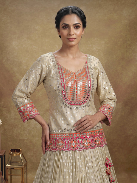 Cream silk lehenga choli with resham aabla and zari yoke