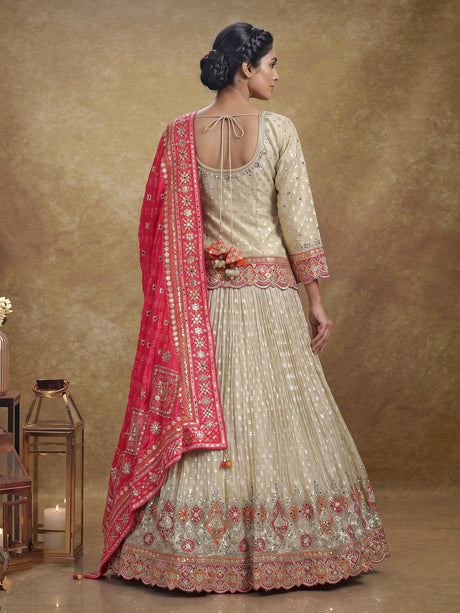 Cream silk lehenga choli with resham aabla and zari yoke