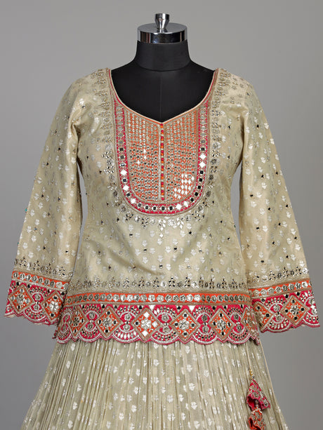 Cream silk lehenga choli with resham aabla and zari yoke