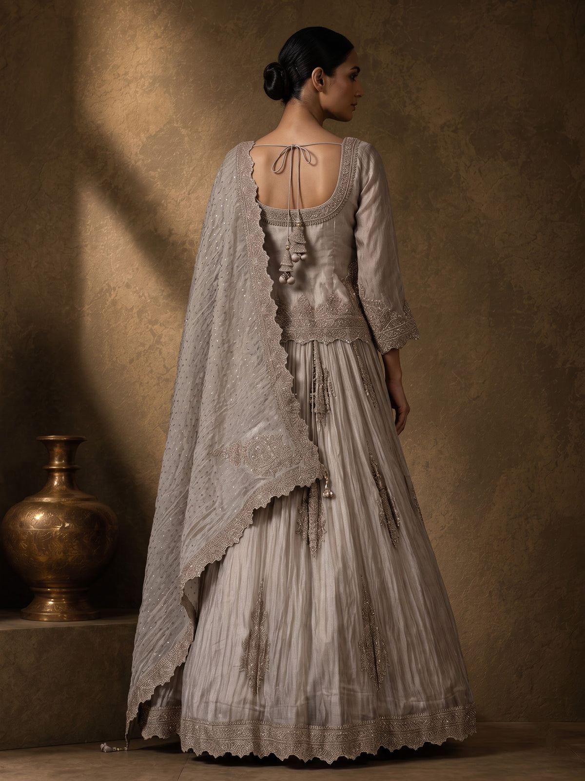 Pastel grey tissue silk lehenga choli with cutdana and stone work