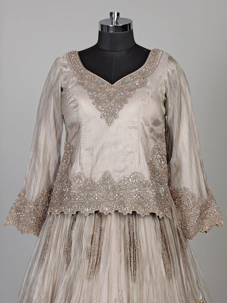 Pastel grey tissue silk lehenga choli with cutdana and stone work