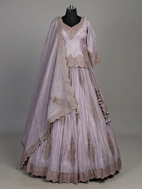 Lilac purple tissue silk lehenga choli with ornate zardosi work