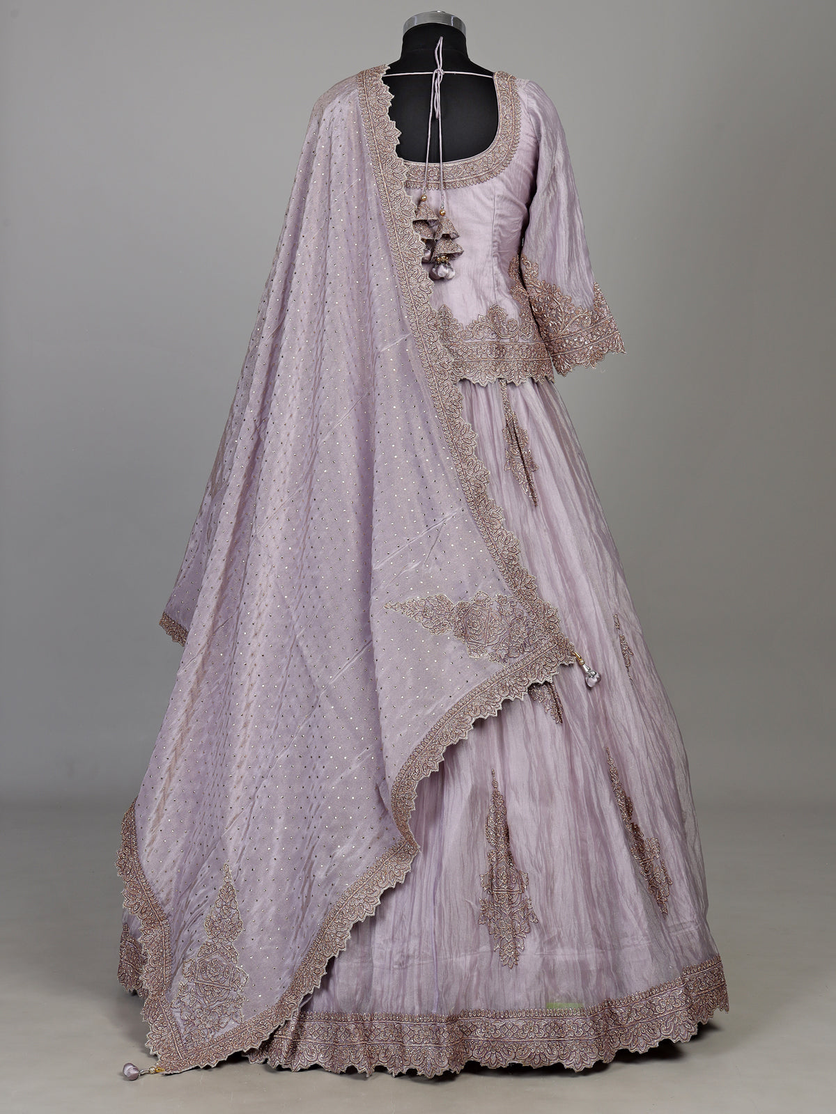 Lilac purple tissue silk lehenga choli with ornate zardosi work