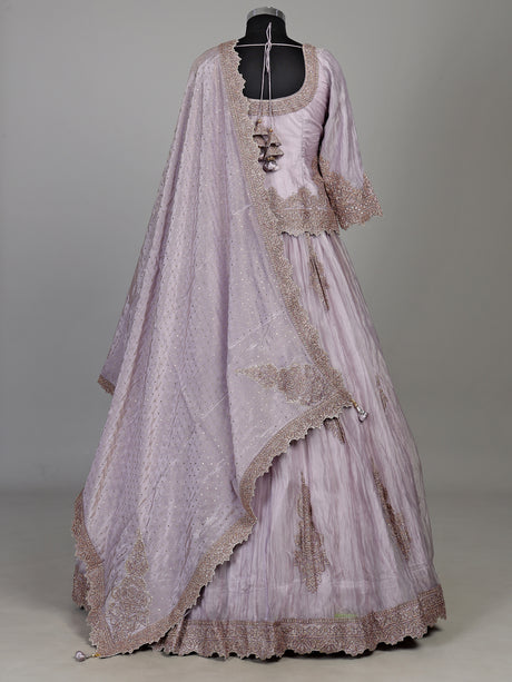 Lilac purple tissue silk lehenga choli with ornate zardosi work