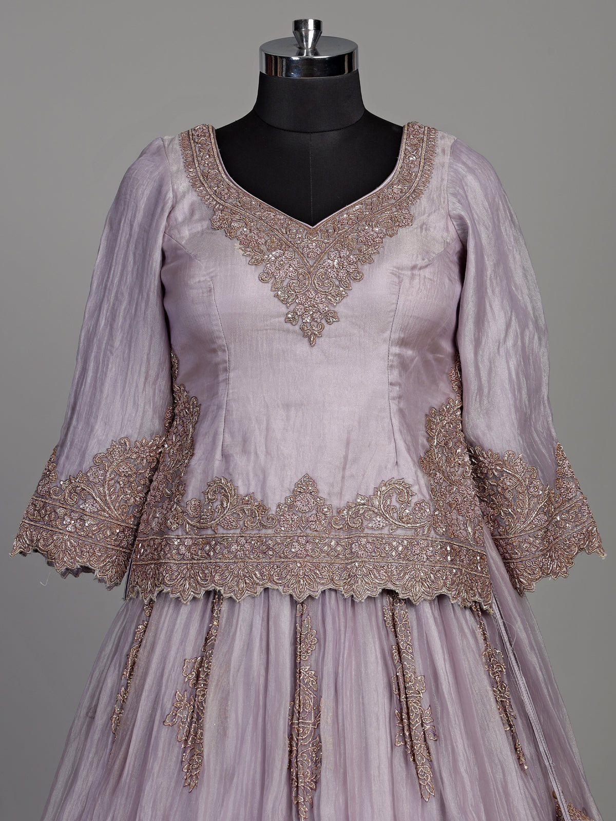 Lilac purple tissue silk lehenga choli with ornate zardosi work