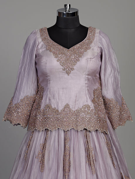 Lilac purple tissue silk lehenga choli with ornate zardosi work