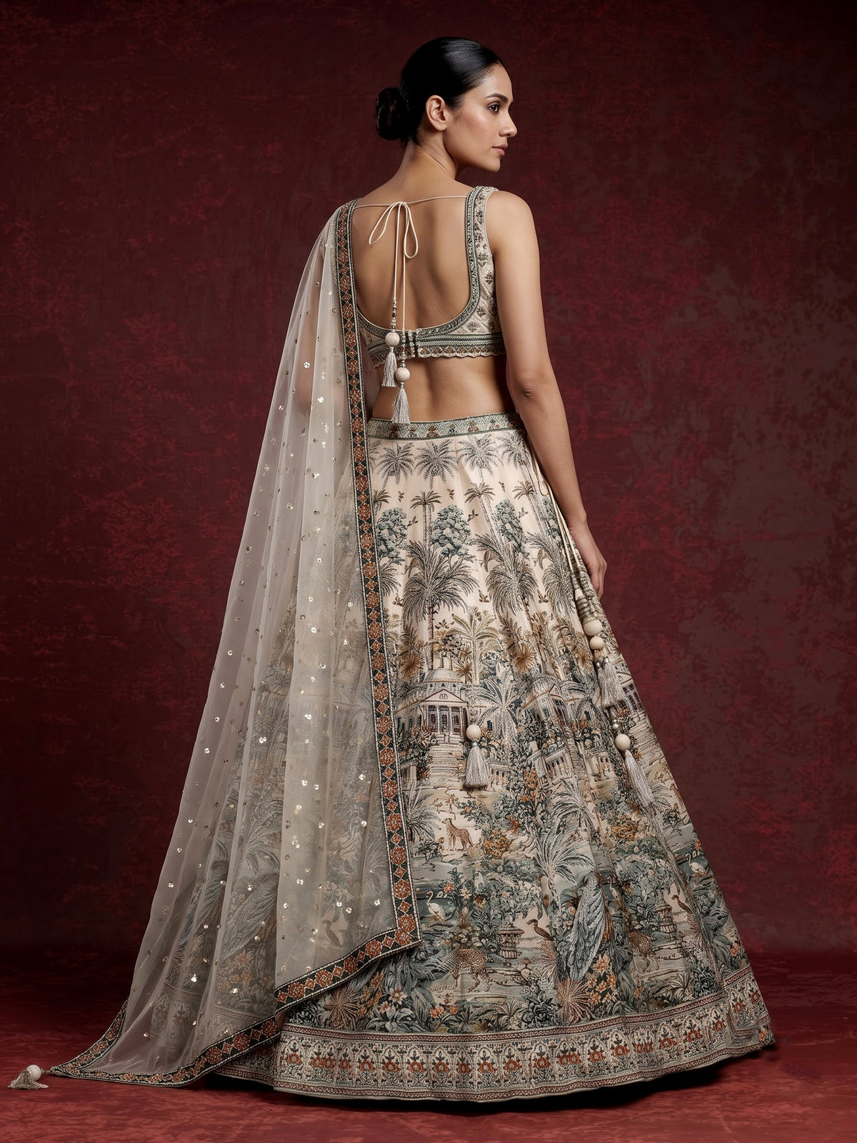 Cream silk printed lehenga choli with intricate zardosi and gota work