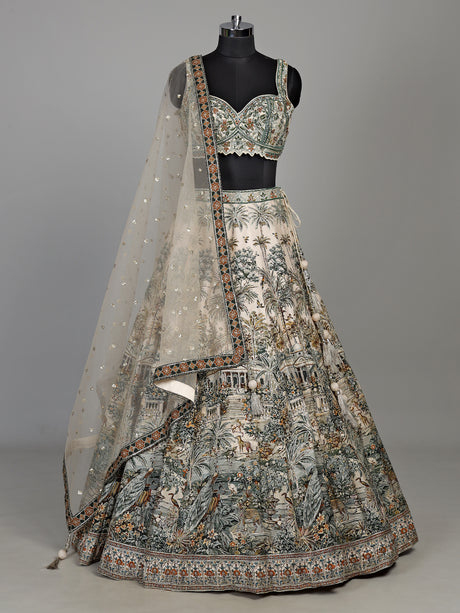 Cream silk printed lehenga choli with intricate zardosi and gota work