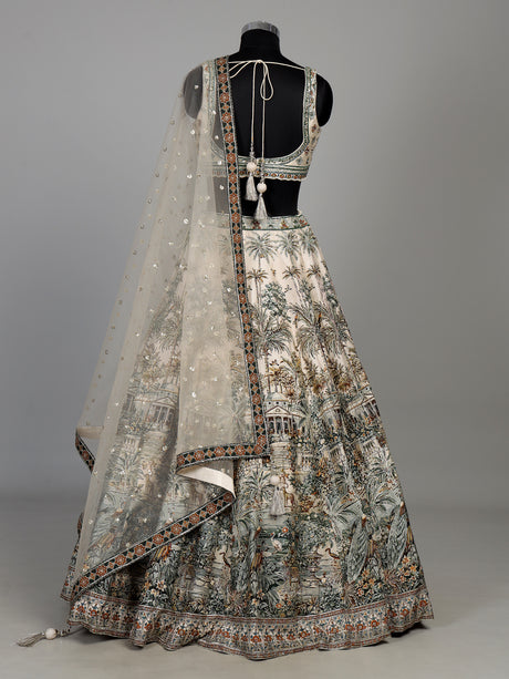 Cream silk printed lehenga choli with intricate zardosi and gota work