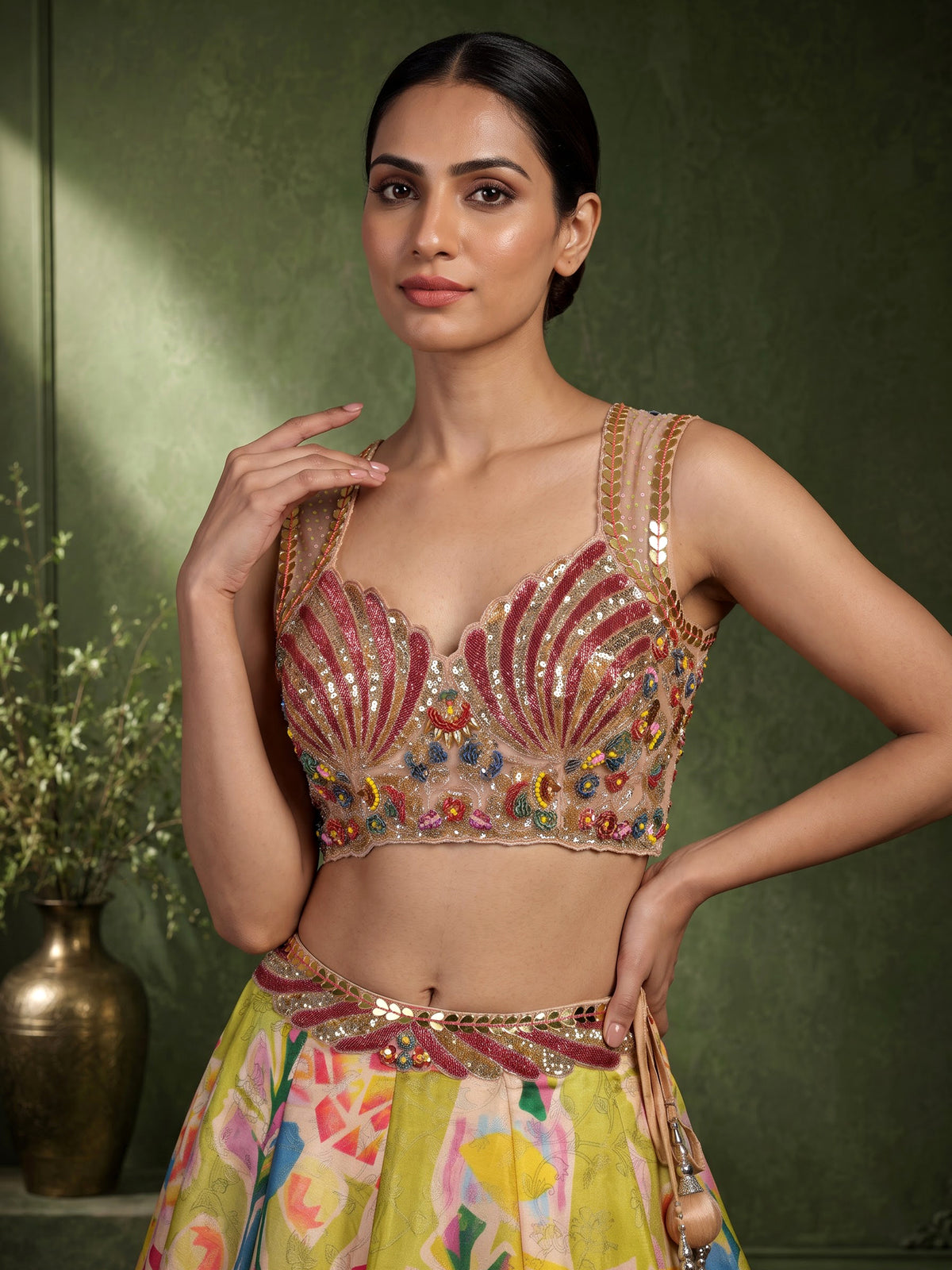 Multicolour silk floral lehenga choli with mirror and pearl detailing