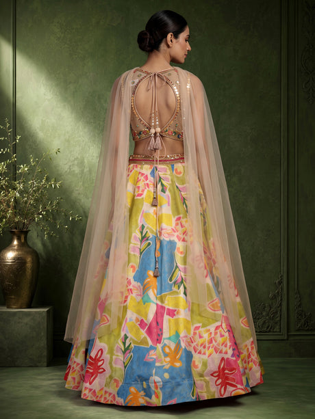 Multicolour silk floral lehenga choli with mirror and pearl detailing