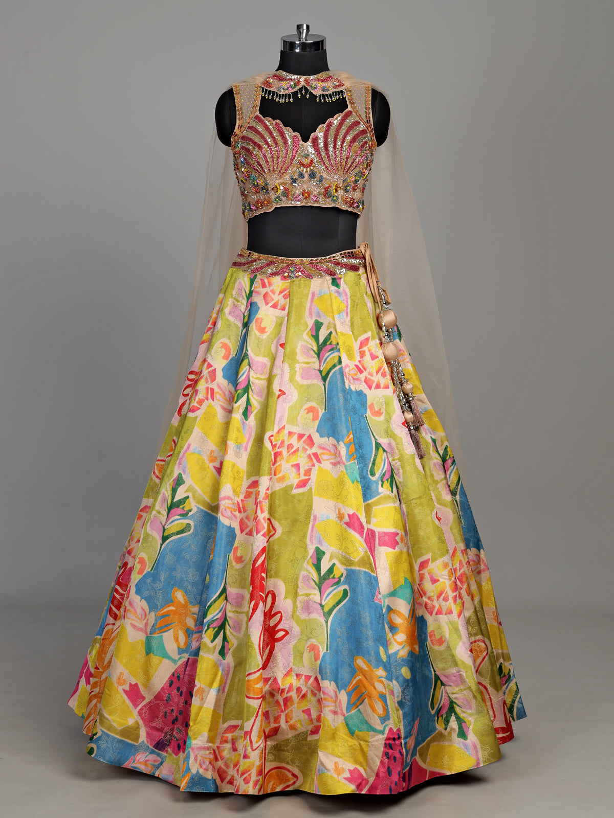 Multicolour silk floral lehenga choli with mirror and pearl detailing