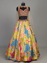 Multicolour silk floral lehenga choli with mirror and pearl detailing