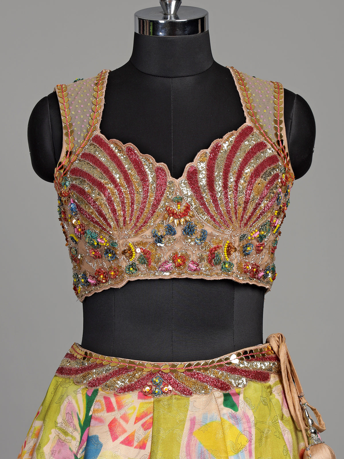 Multicolour silk floral lehenga choli with mirror and pearl detailing