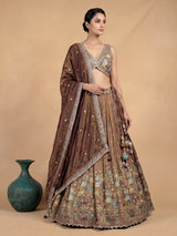 Pastel brown silk floral printed lehenga choli with mirror embellishments