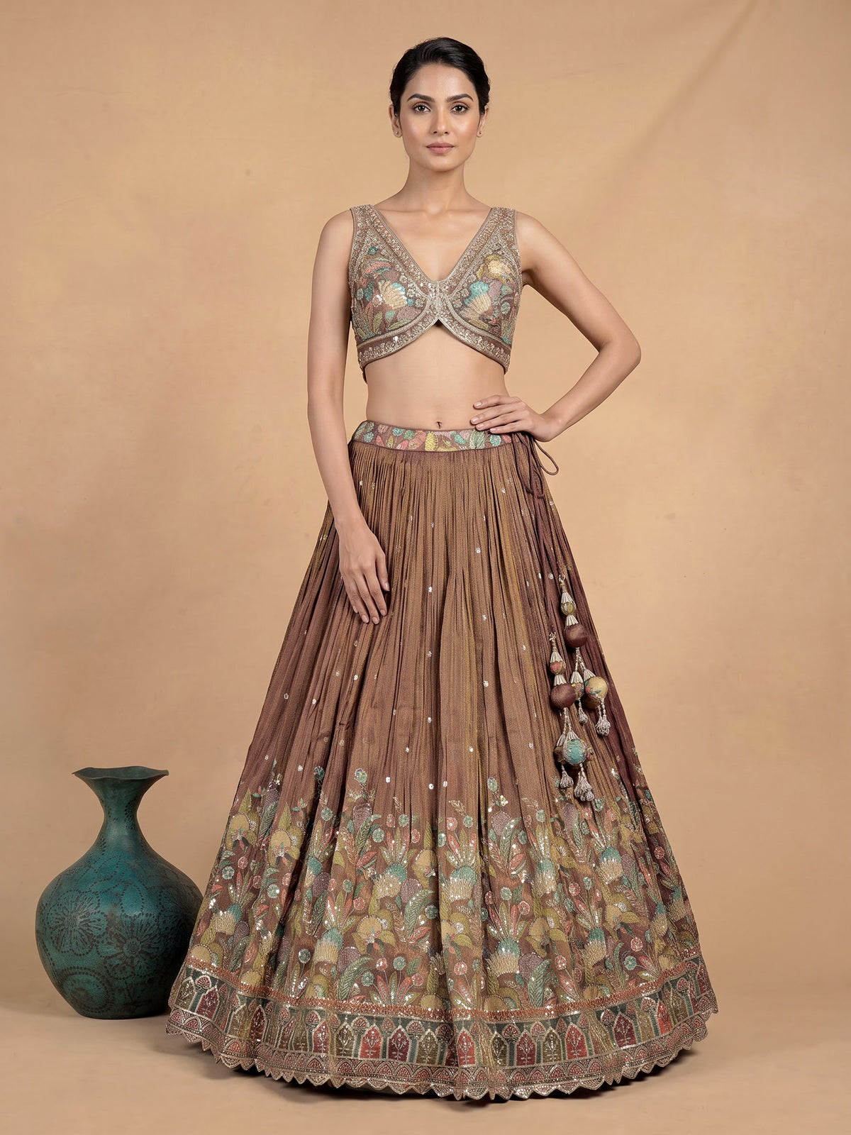 Pastel brown silk floral printed lehenga choli with mirror embellishments