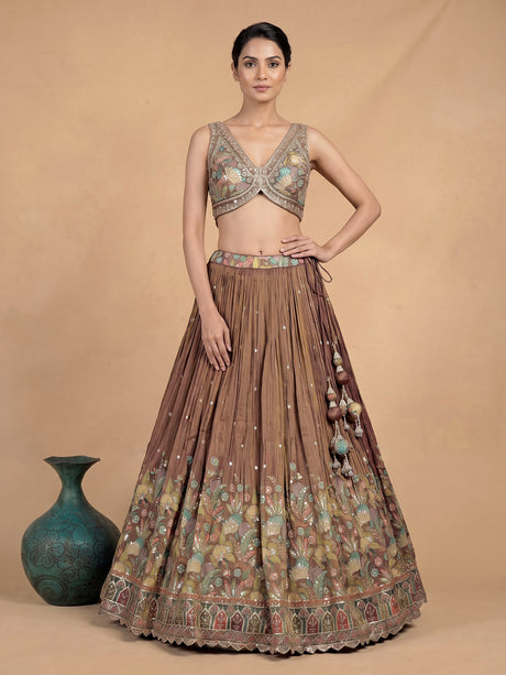 Pastel brown silk floral printed lehenga choli with mirror embellishments