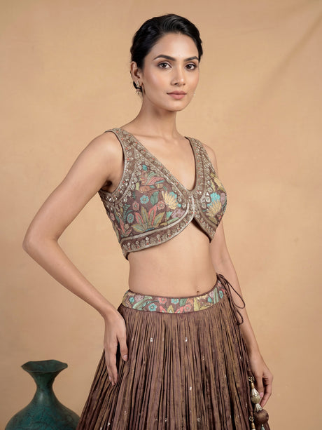 Pastel brown silk floral printed lehenga choli with mirror embellishments