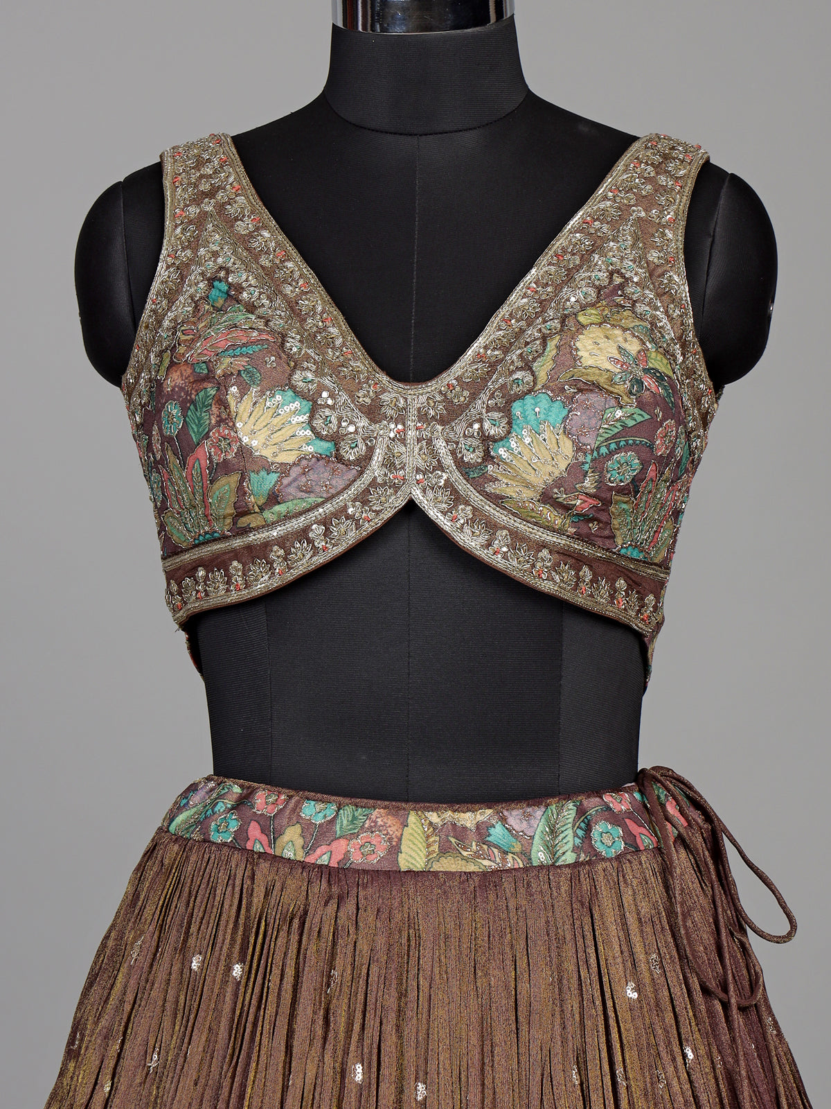 Pastel brown silk floral printed lehenga choli with mirror embellishments