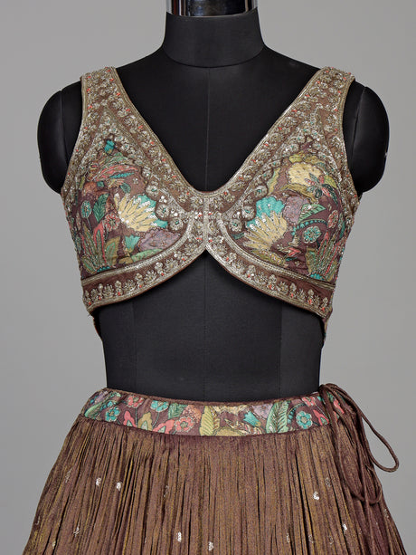 Pastel brown silk floral printed lehenga choli with mirror embellishments