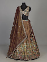 Pastel brown silk floral printed lehenga choli with mirror embellishments