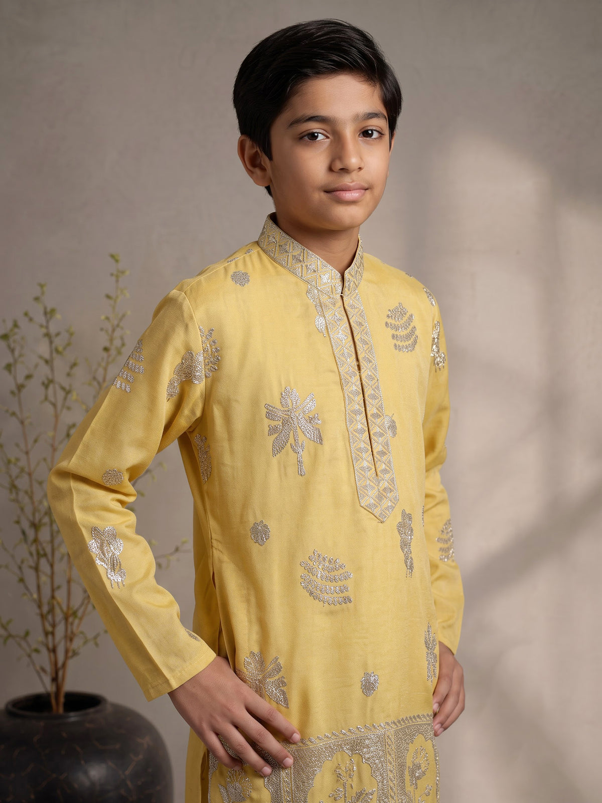 Bright mustard yellow dupion silk blend boys kurta suit with silver embroidery
