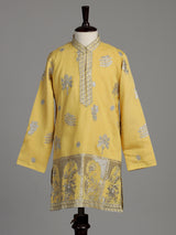 Bright mustard yellow dupion silk blend boys kurta suit with silver embroidery