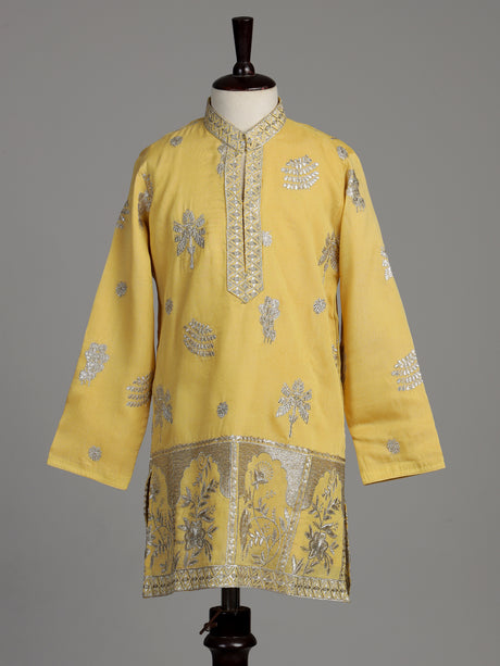 Bright mustard yellow dupion silk blend boys kurta suit with silver embroidery