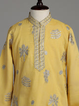 Bright mustard yellow dupion silk blend boys kurta suit with silver embroidery