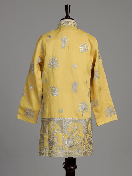 Bright mustard yellow dupion silk blend boys kurta suit with silver embroidery
