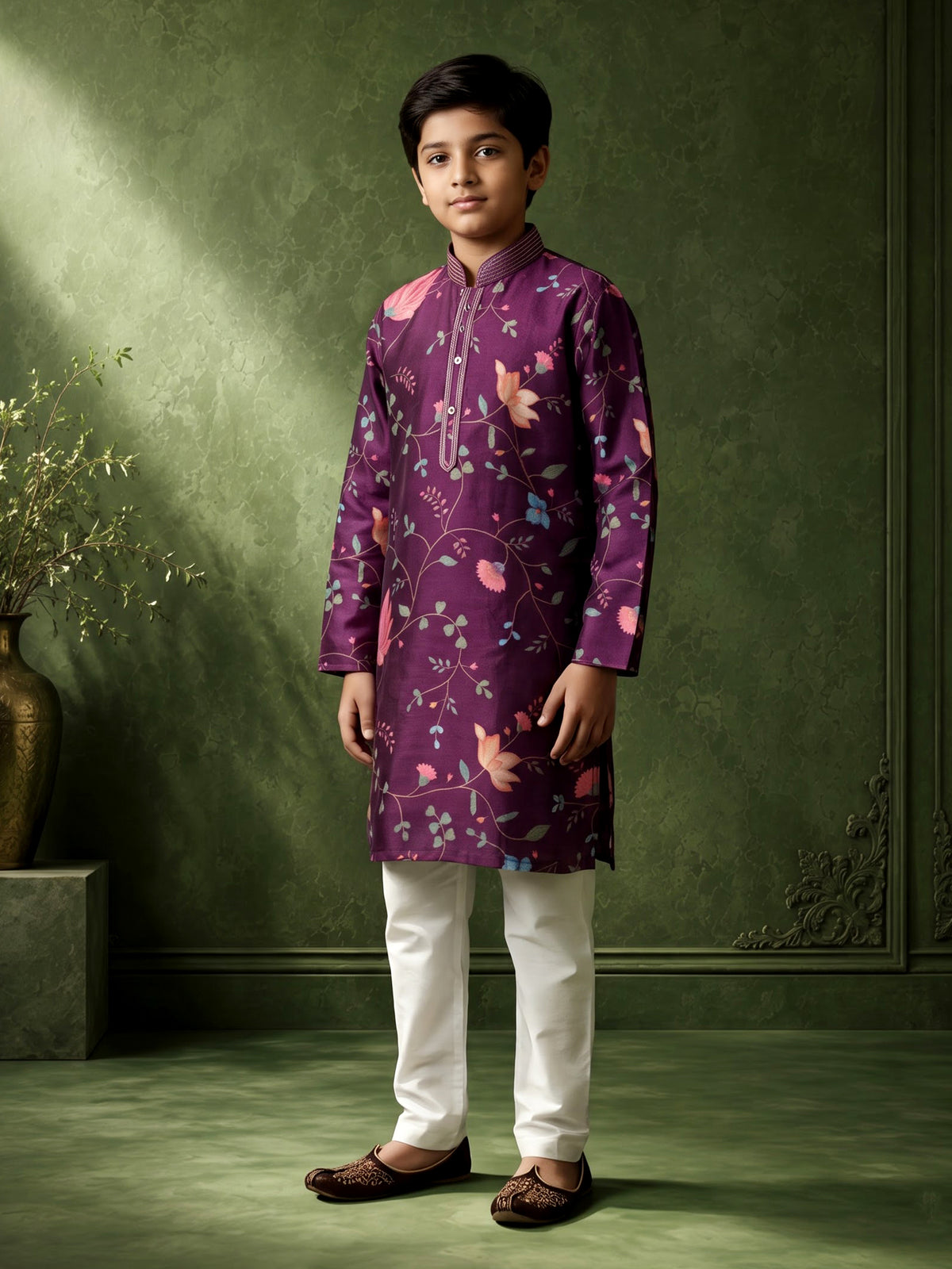 Royal violet silk blend boys kurta suit with floral vine print