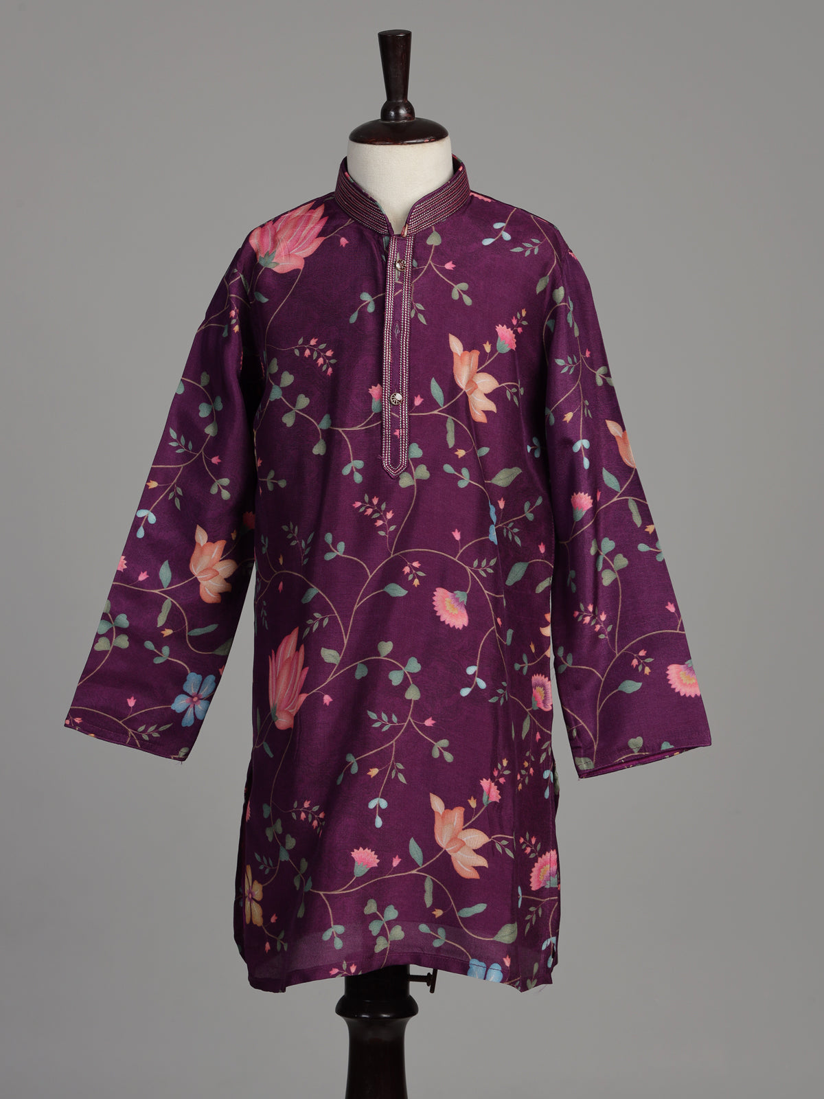 Royal violet silk blend boys kurta suit with floral vine print